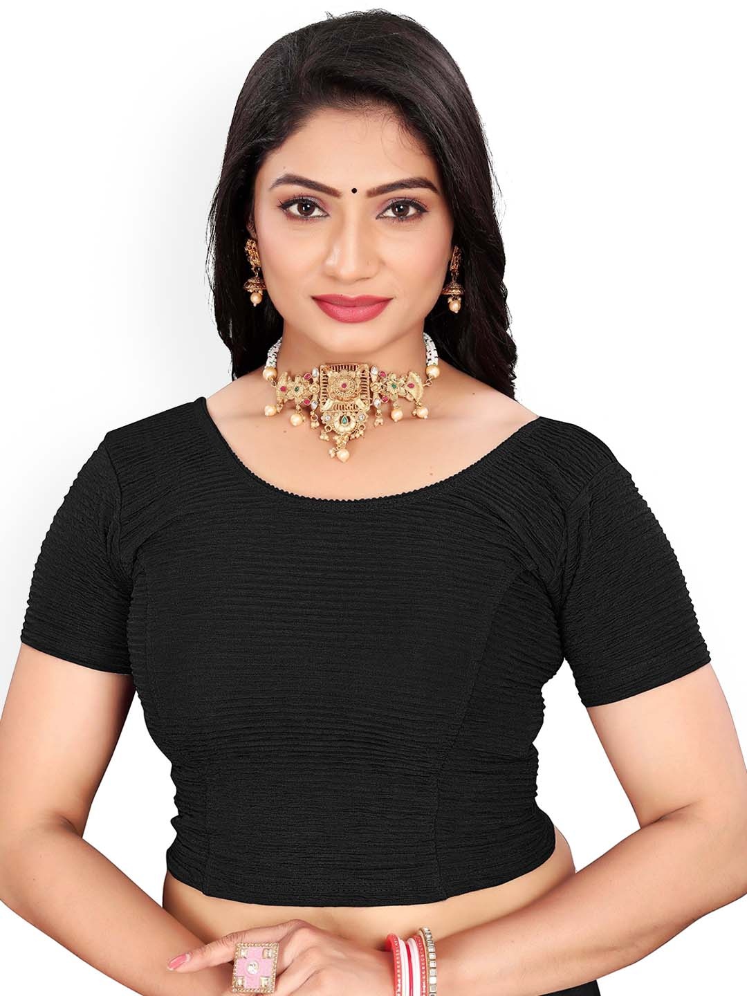 

RUNAYA NX Woven Design Round Neck Saree Blouse, Black