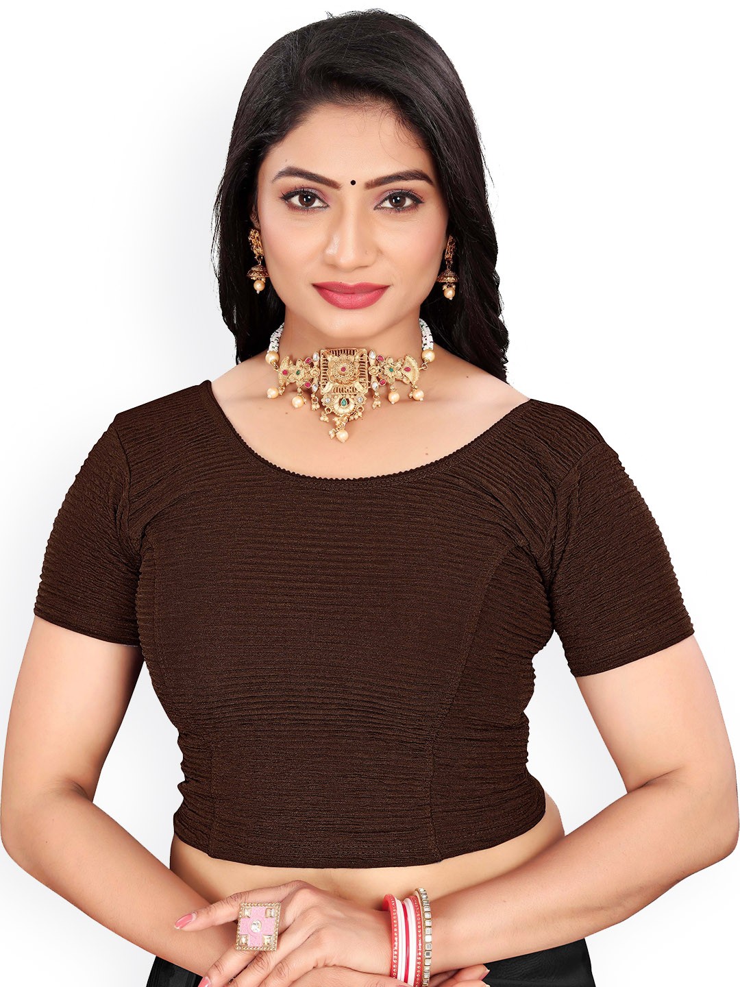 

RUNAYA NX Woven Design Round Neck Saree Blouse, Brown