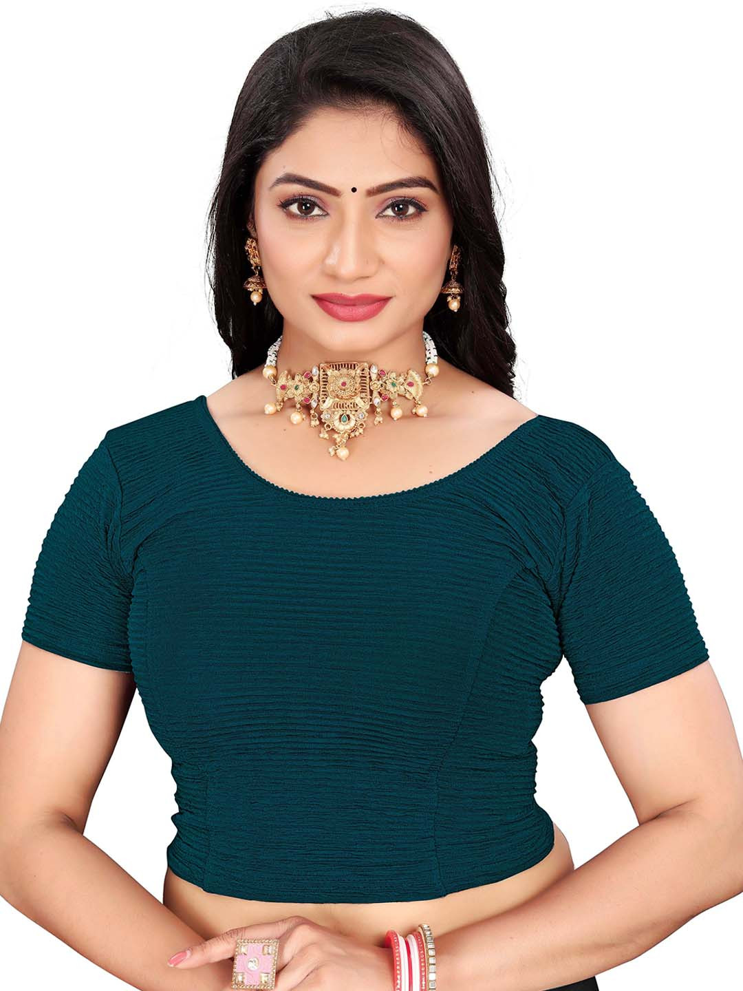 

RUNAYA NX Round Neck Short Sleeves Saree Blouse, Navy blue