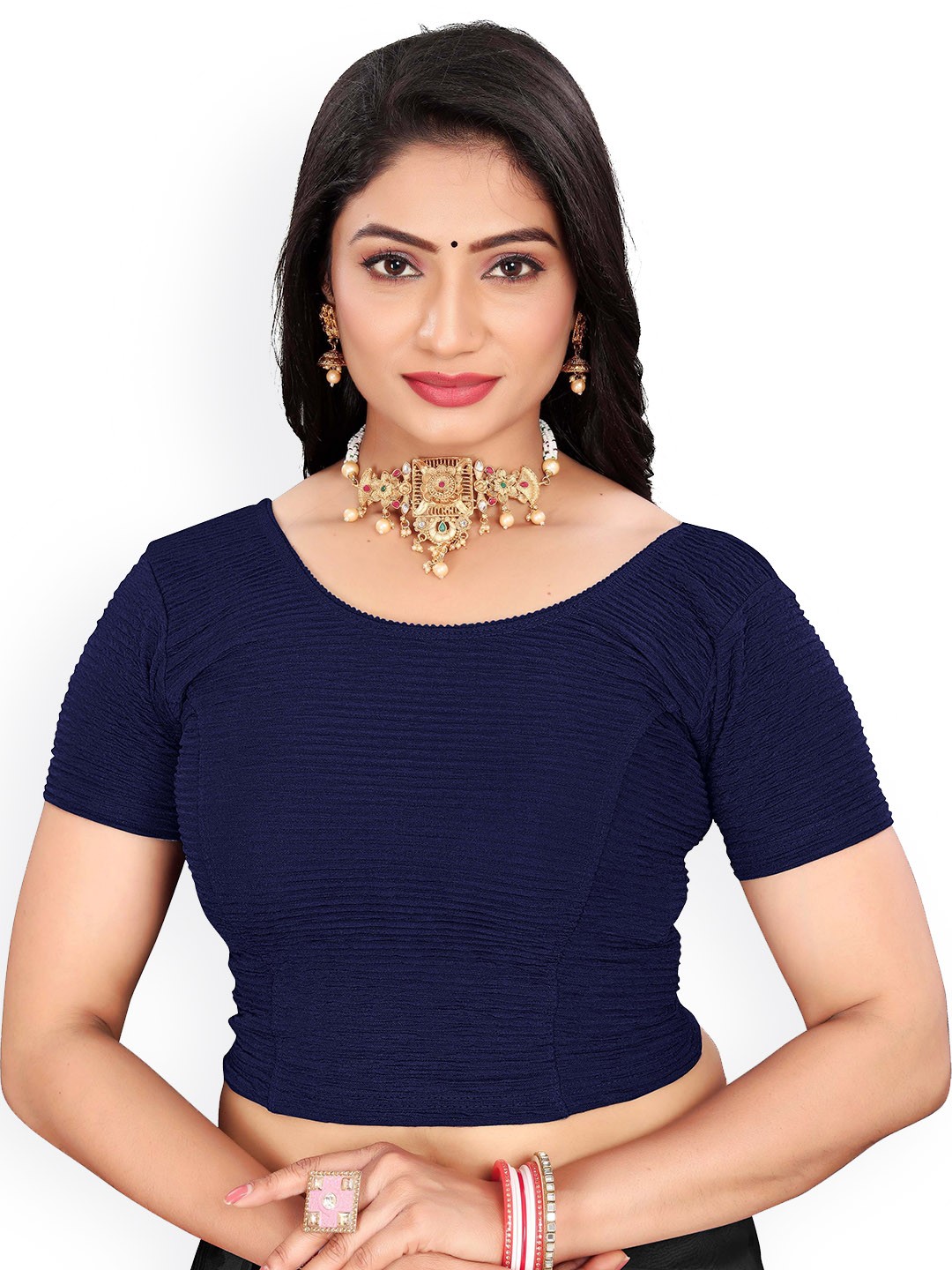 

RUNAYA NX Woven Design Round Neck Saree Blouse, Navy blue