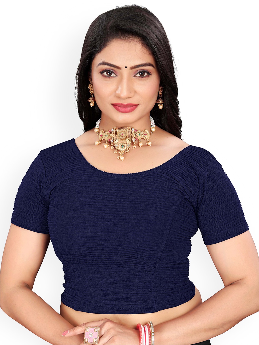 

RUNAYA NX Round Neck Short Sleeves Saree Blouse, Blue