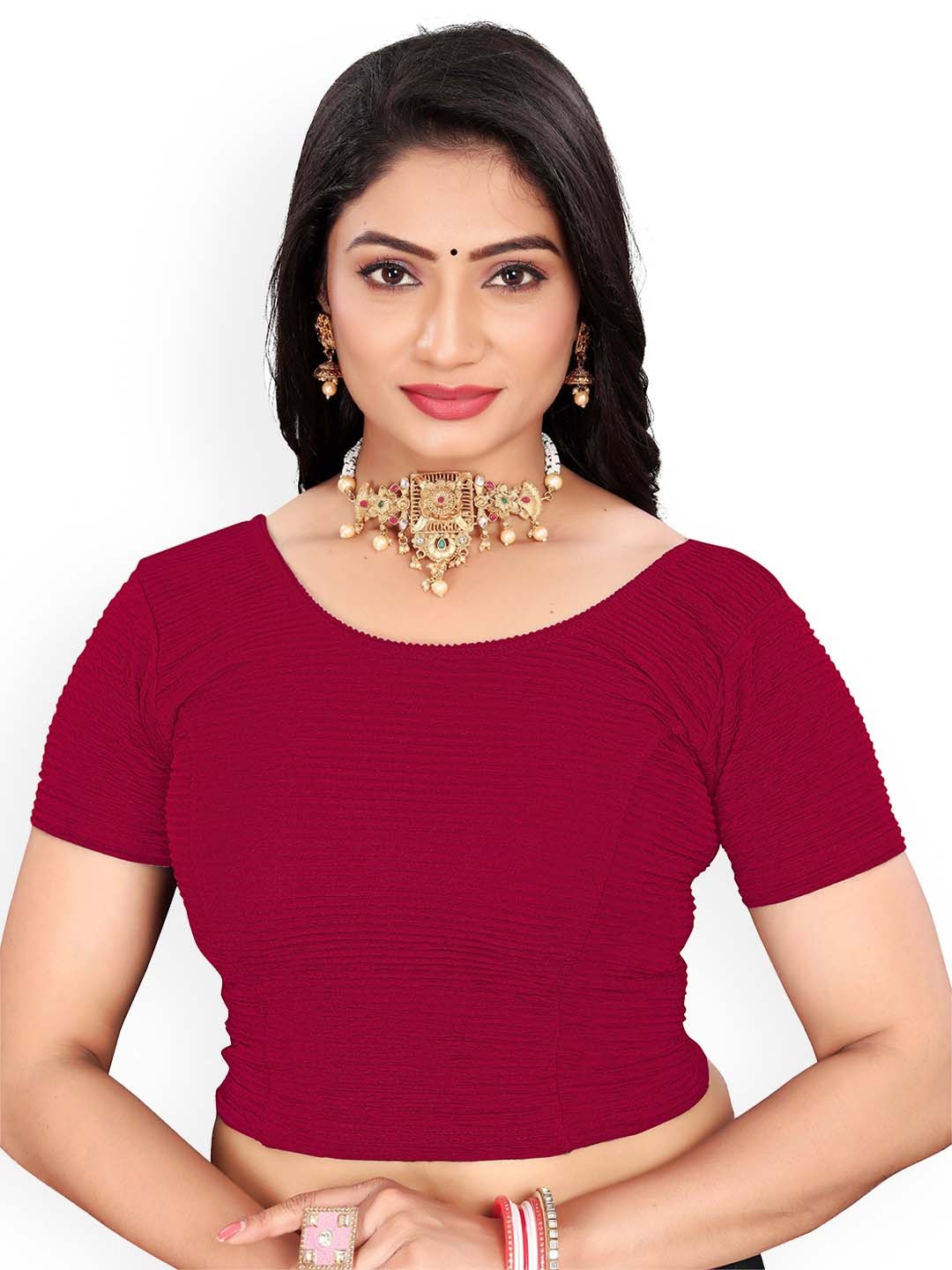 

RUNAYA NX Woven Design Round-Neck Short Sleeve Saree Blouse, Magenta