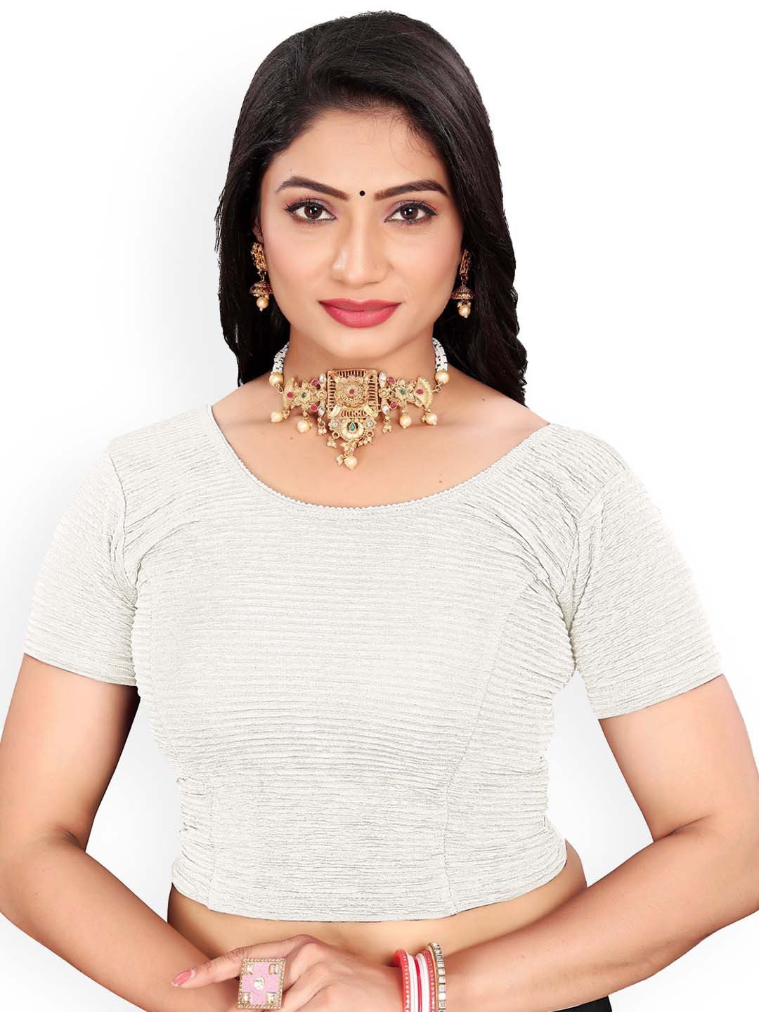 

RUNAYA NX Woven Design Round Neck Saree Blouse, White