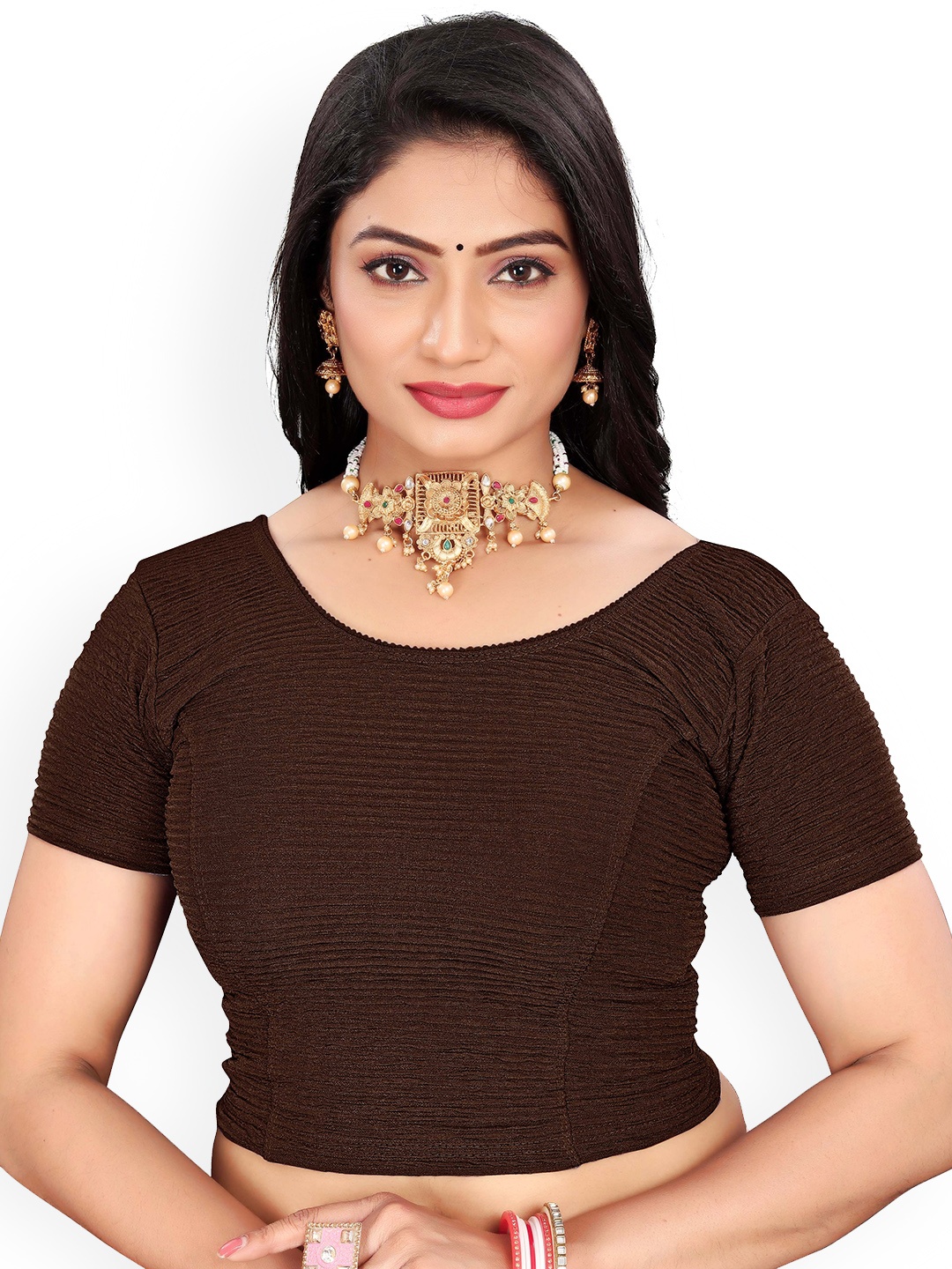 

RUNAYA NX Round-neck Slop-On Saree Blouse, Brown