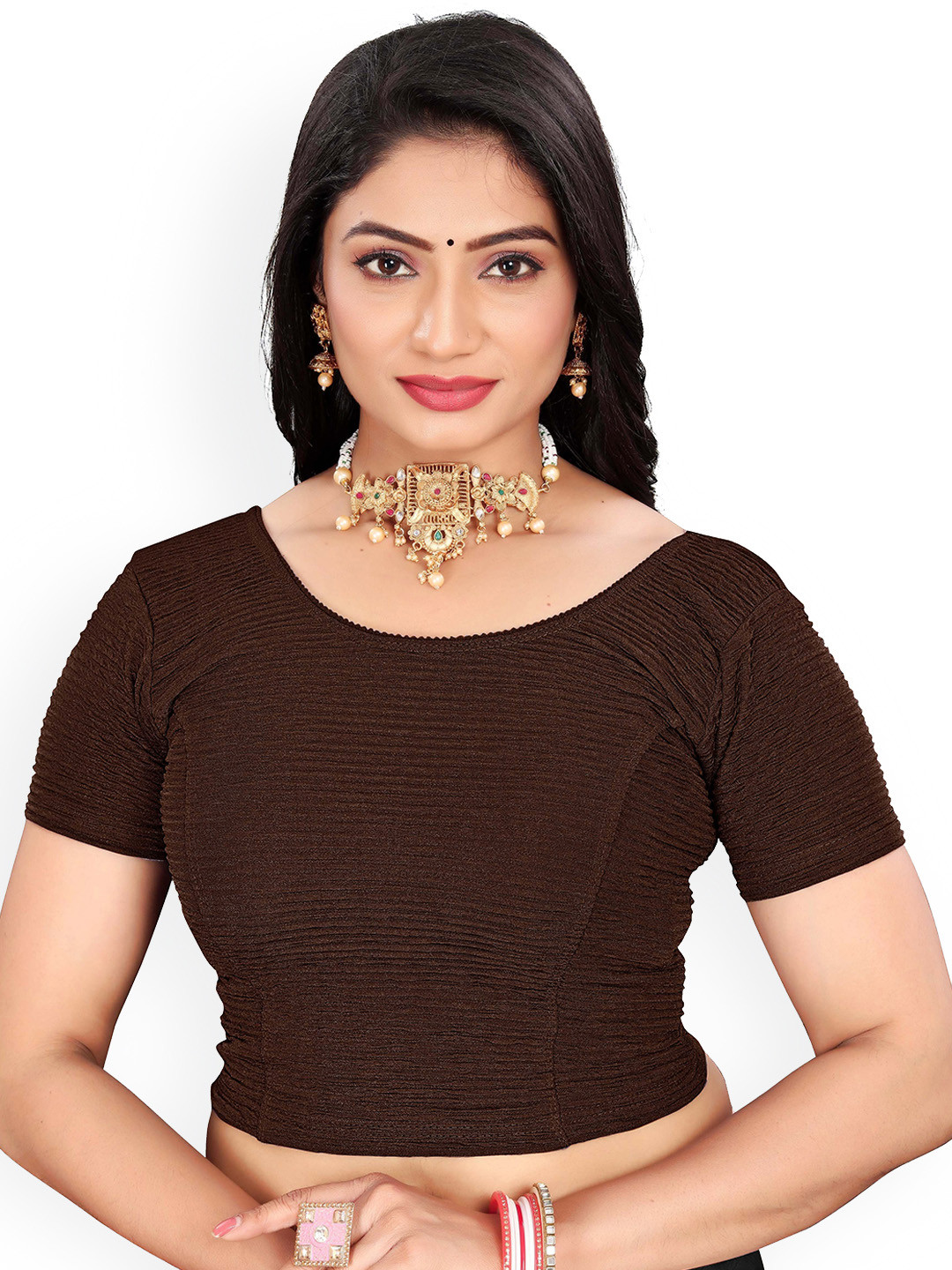 

RUNAYA NX Woven Design Round Neck Saree Blouse, Brown