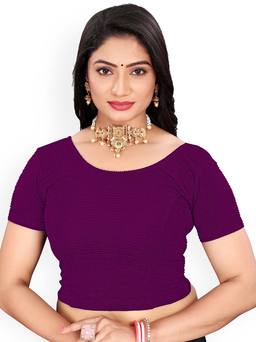 

RUNAYA NX Woven Design Round Neck Saree Blouse, Purple