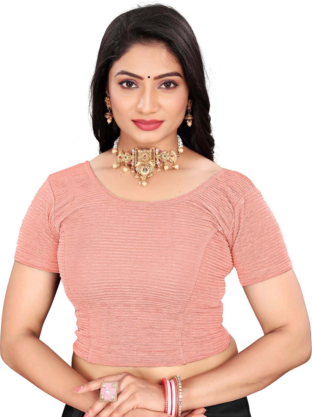 

RUNAYA NX Woven Design Round Neck Saree Blouse, Pink