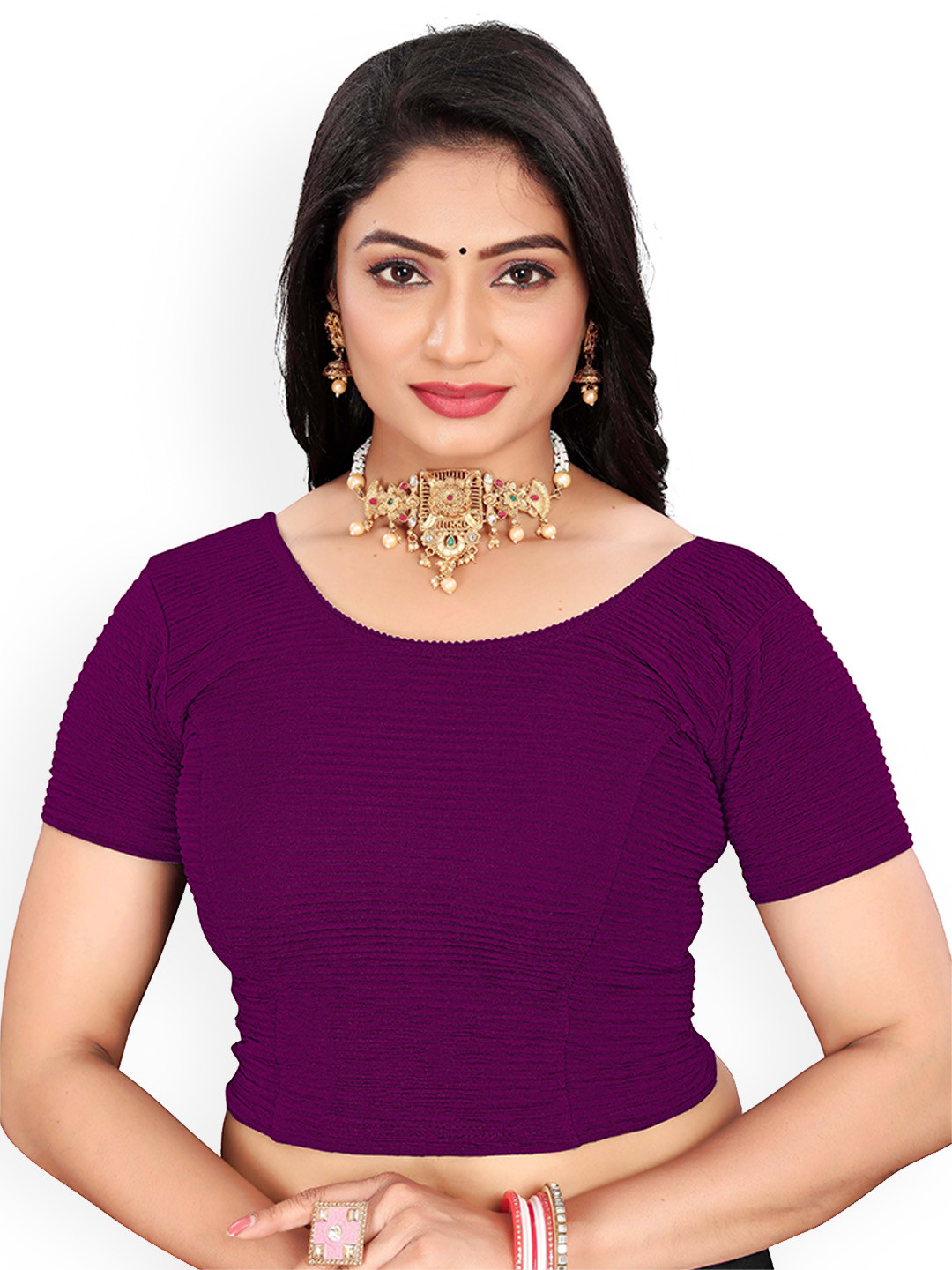 

RUNAYA NX Woven Design Round-Neck Saree Blouse, Purple