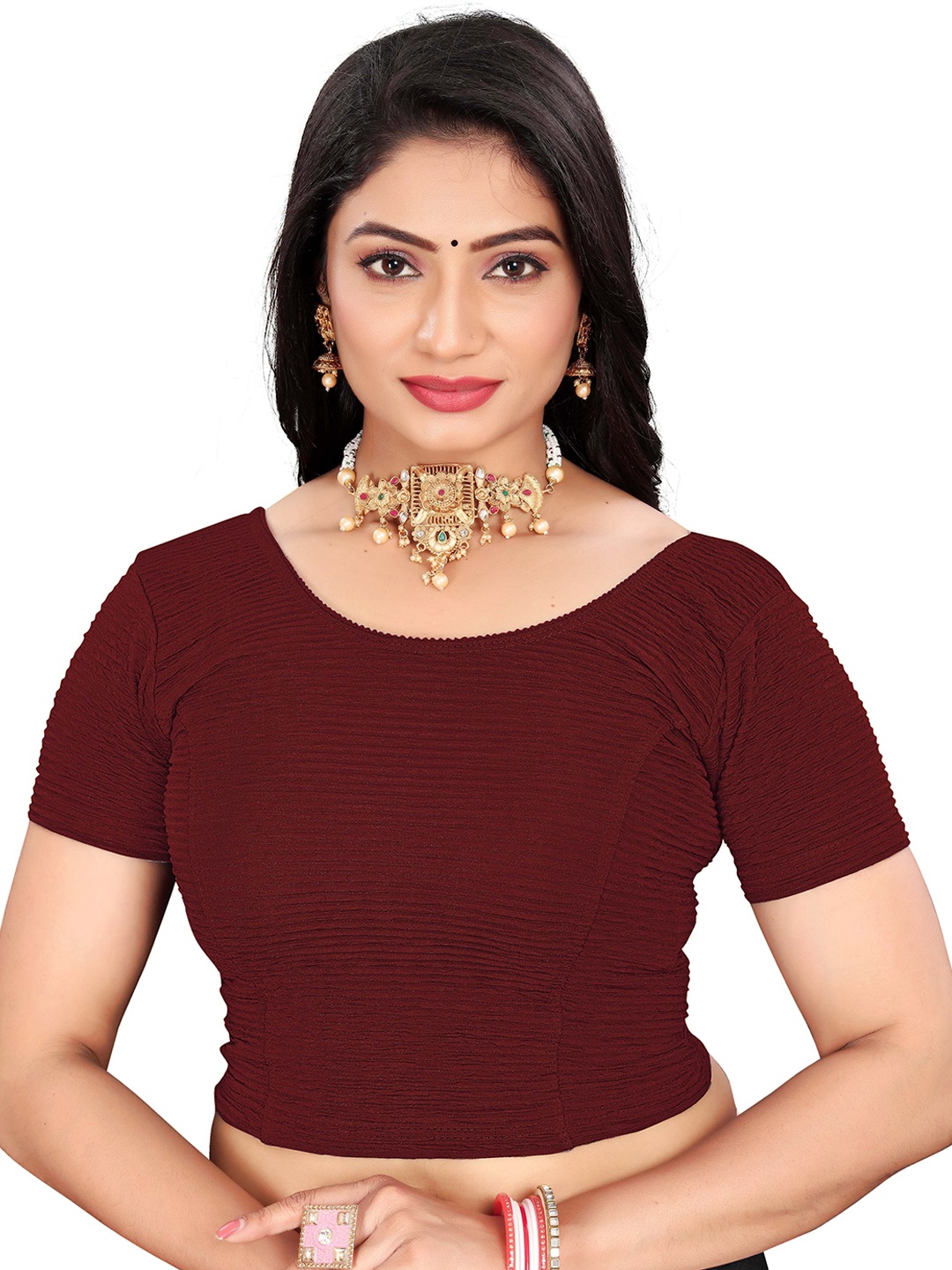 

RUNAYA NX Woven Design Round Neck Saree Blouse, Maroon