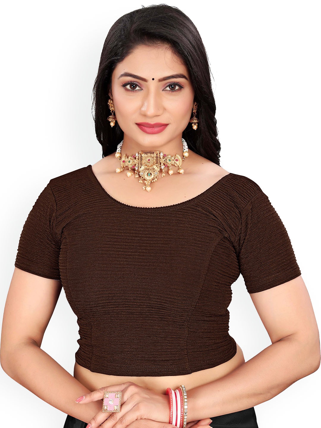 

RUNAYA NX Woven Design Round Neck Saree Blouse, Brown