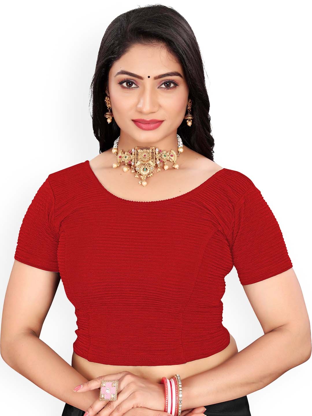 

RUNAYA NX Woven Design Round Neck Saree Blouse, Red