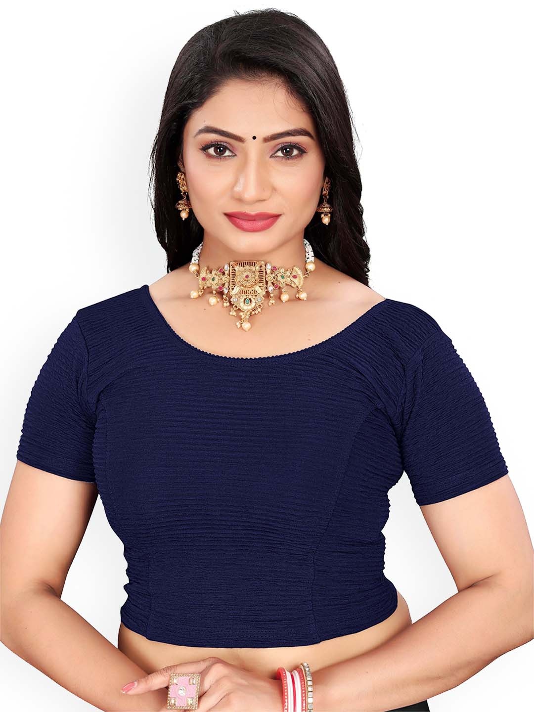 

RUNAYA NX Round Neck Short Sleeves Saree Blouse, Blue