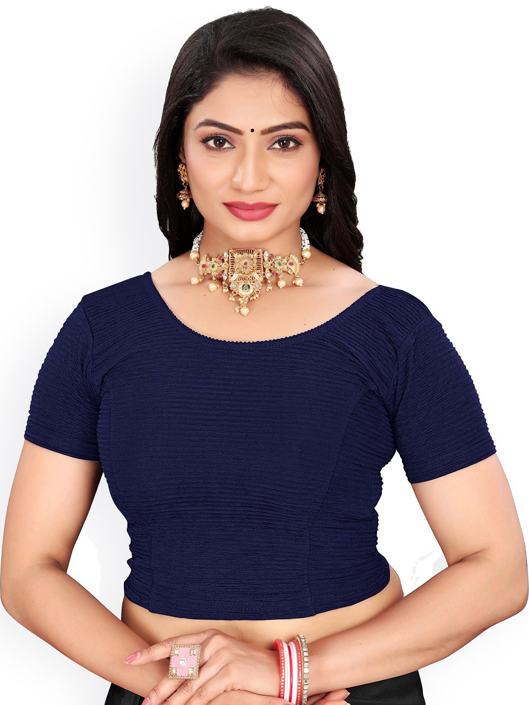 

RUNAYA NX Round Neck Short Sleeves Saree Blouse, Blue