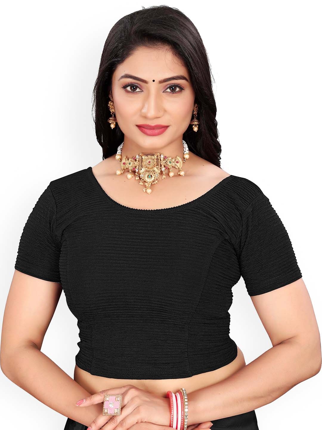 

RUNAYA NX Woven Design Round Neck Saree Blouse, Black