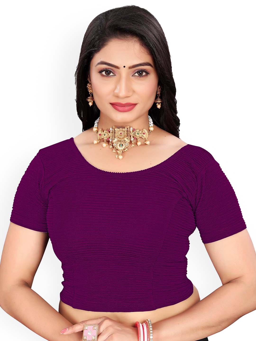 

RUNAYA NX Round Neck Short Sleeves Saree Blouse, Purple