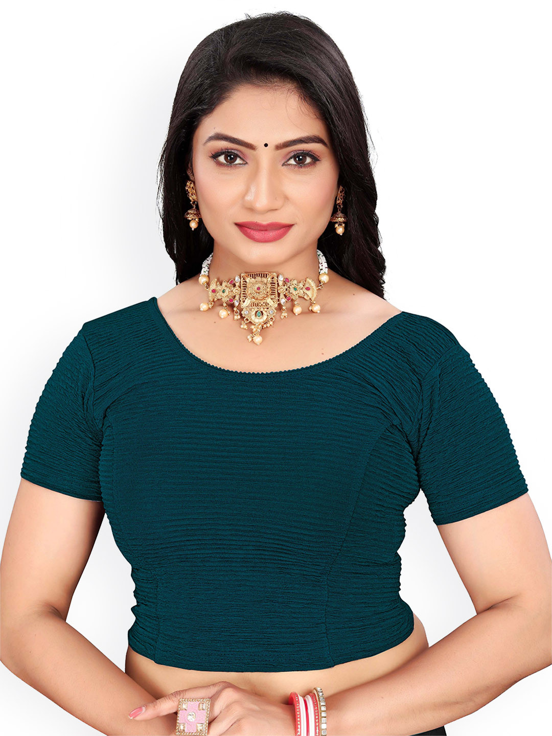 

RUNAYA NX Round Neck Short Sleeves Saree Blouse, Navy blue
