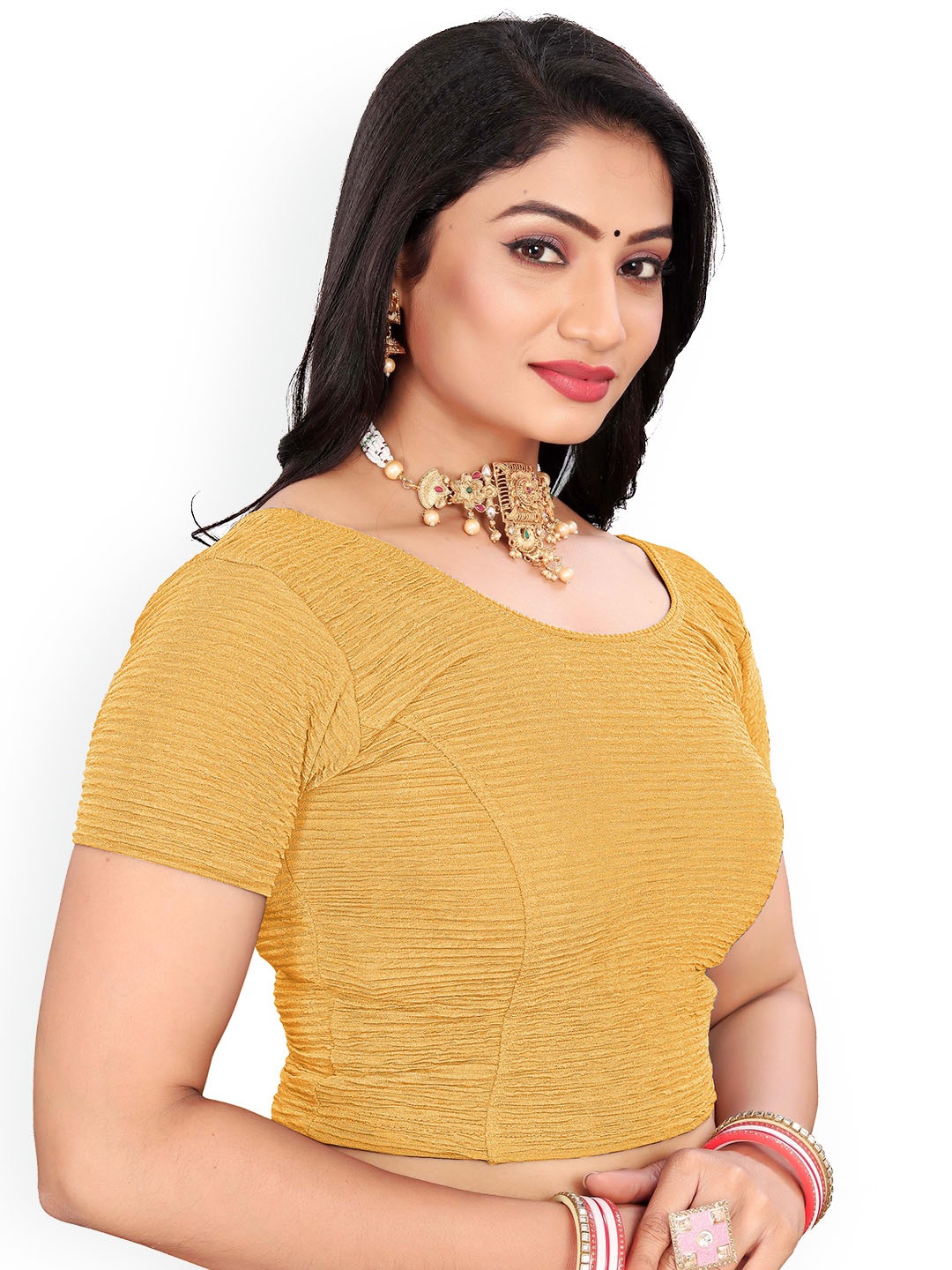

RUNAYA NX Woven Design Round Neck Saree Blouse, Yellow