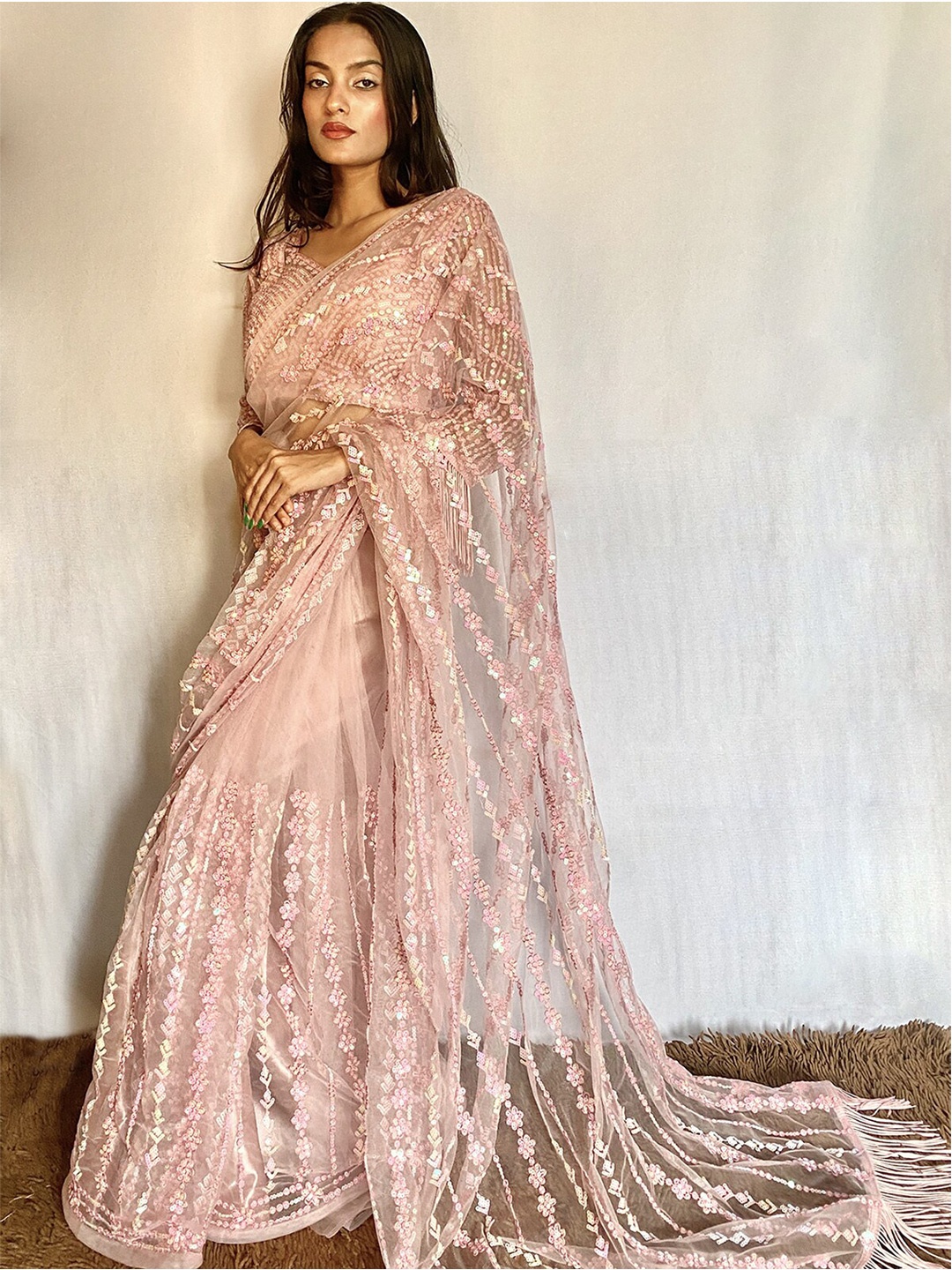 

ODETTE Embellished Sequinned Satin Saree, Pink