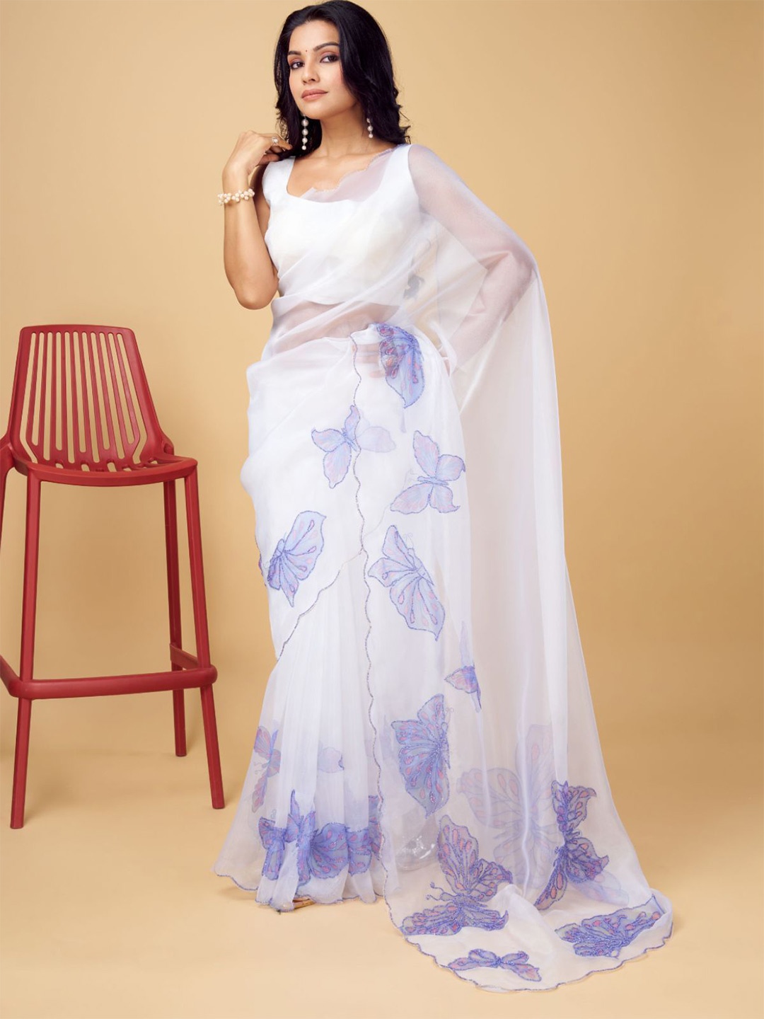 

ODETTE Abstract Embroidered Organza Saree, Blue