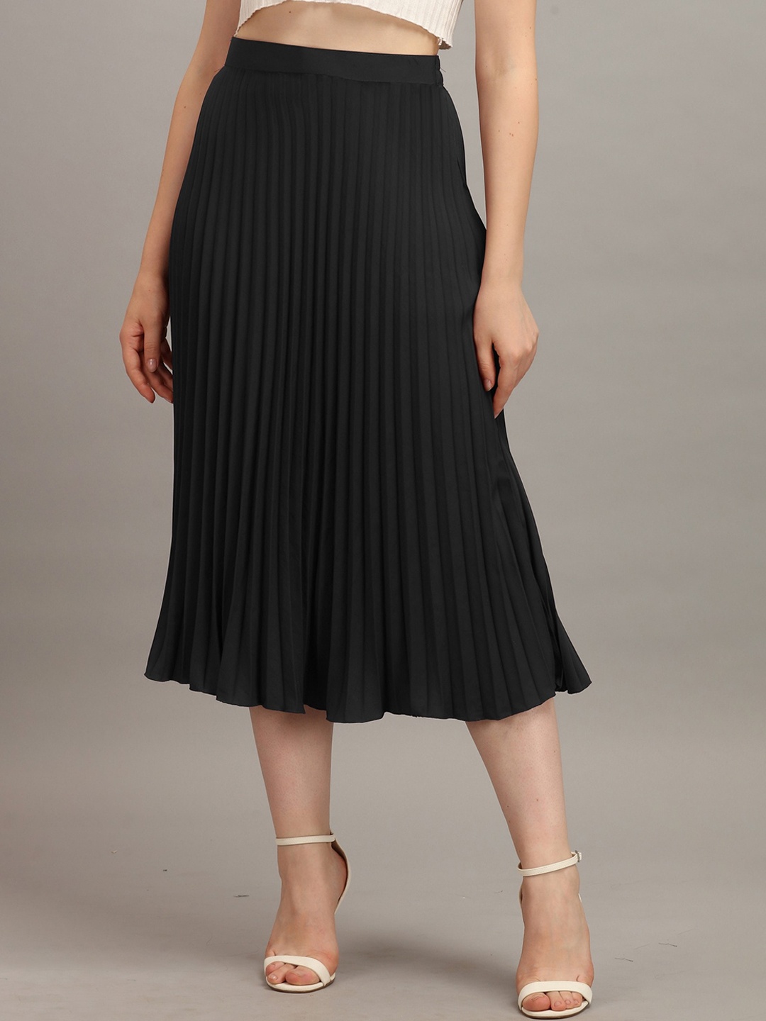 

Femvy Pleated Crepe A-Line Midi Skirt, Black