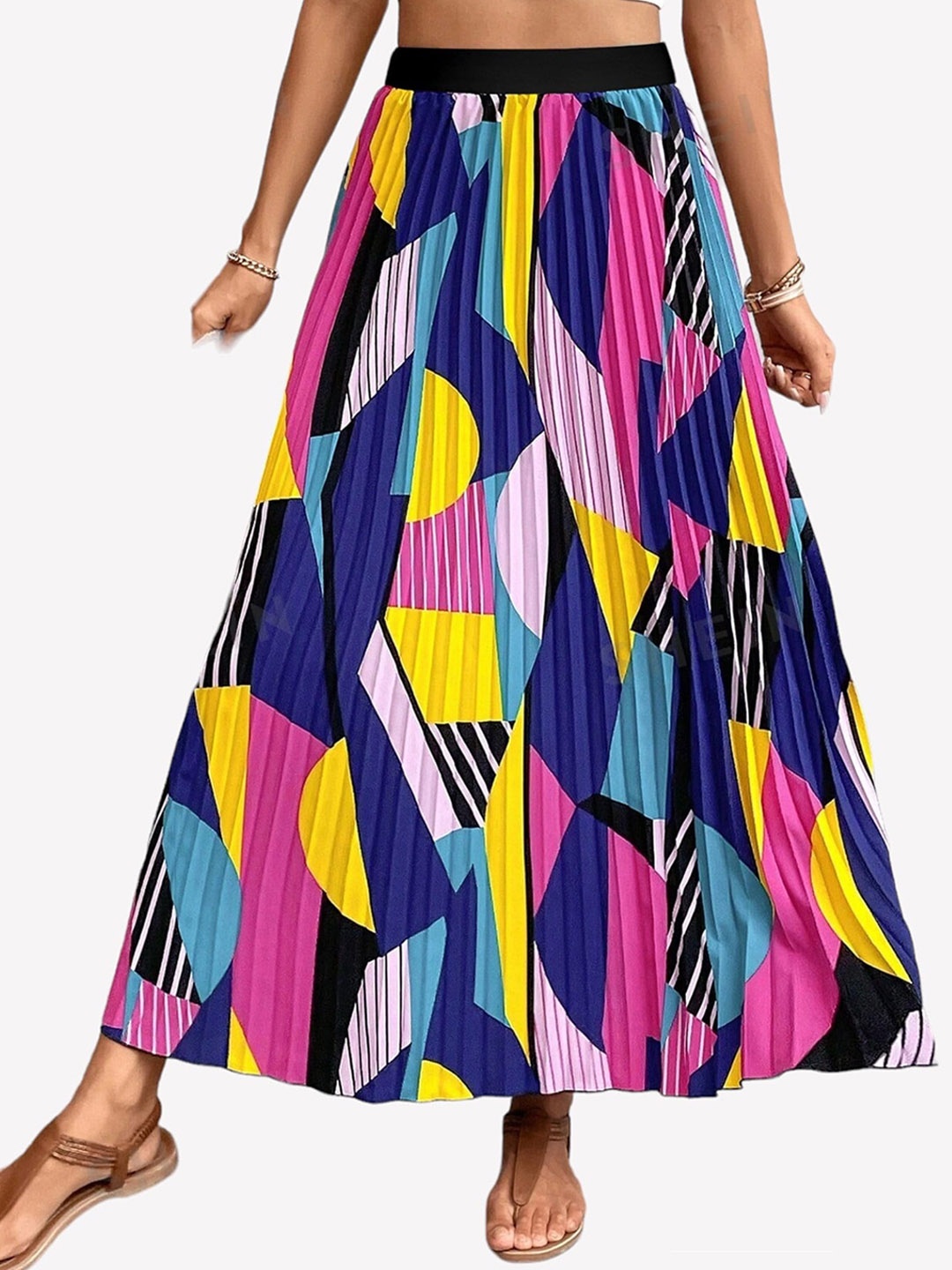 

Femvy Printed Crepe Maxi A-Line Pleated Skirt, Blue