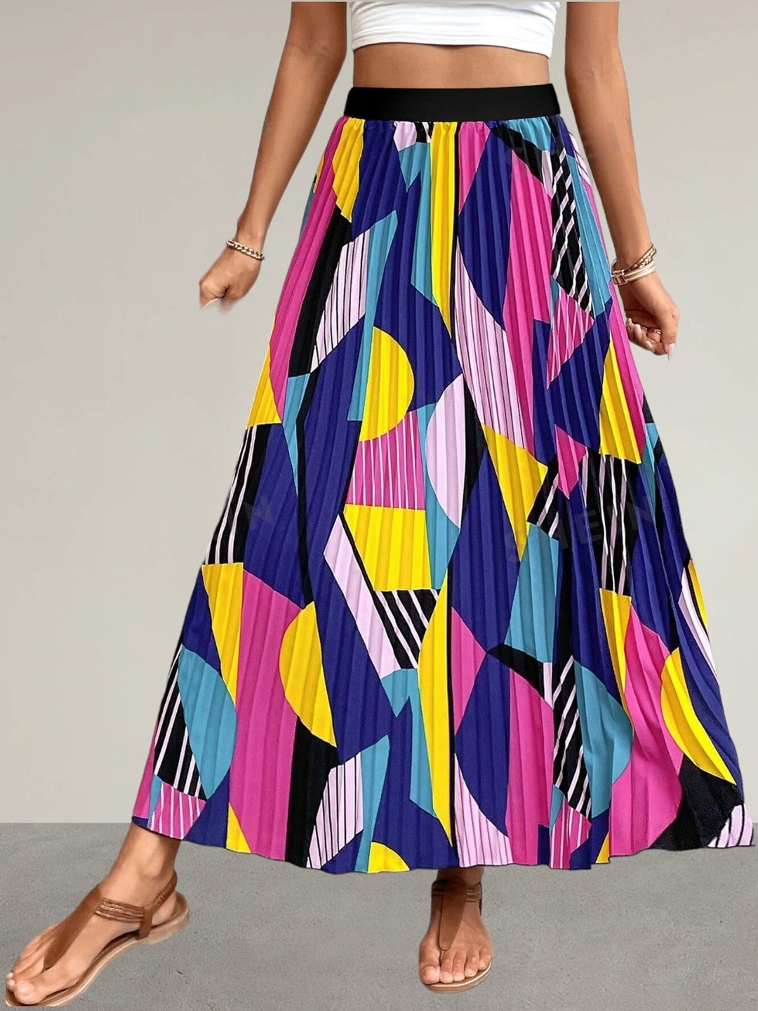 

Femvy Geometric Printed Pleated Maxi A-Line Skirt, Blue