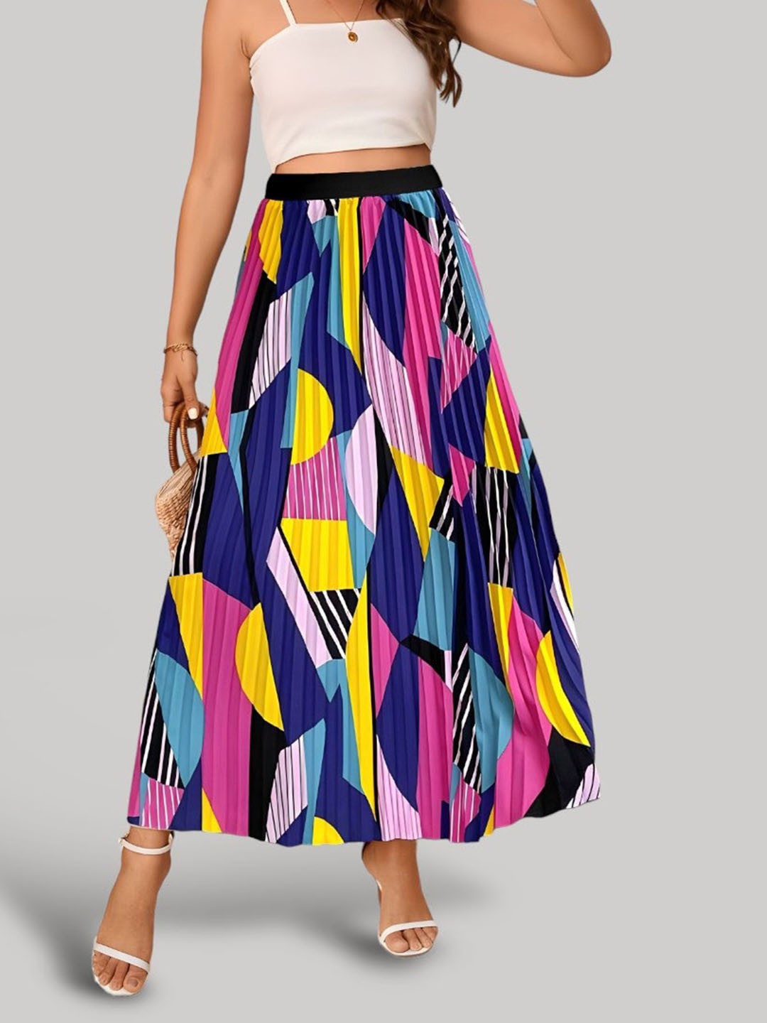 

Femvy Abstract Printed Flared Maxi Skirt, Blue