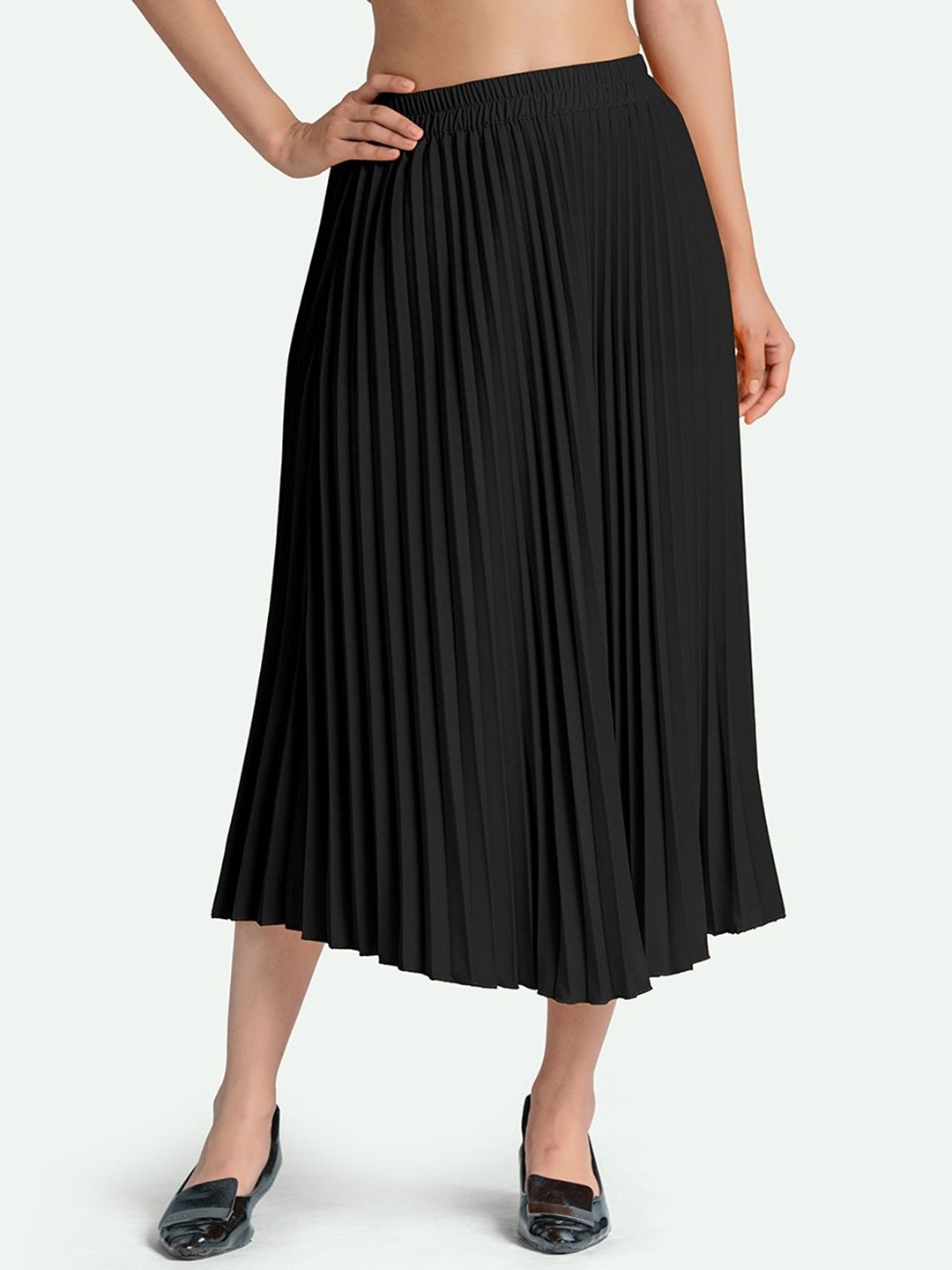

Femvy Pleated Crepe Midi A-Line Skirt, Black