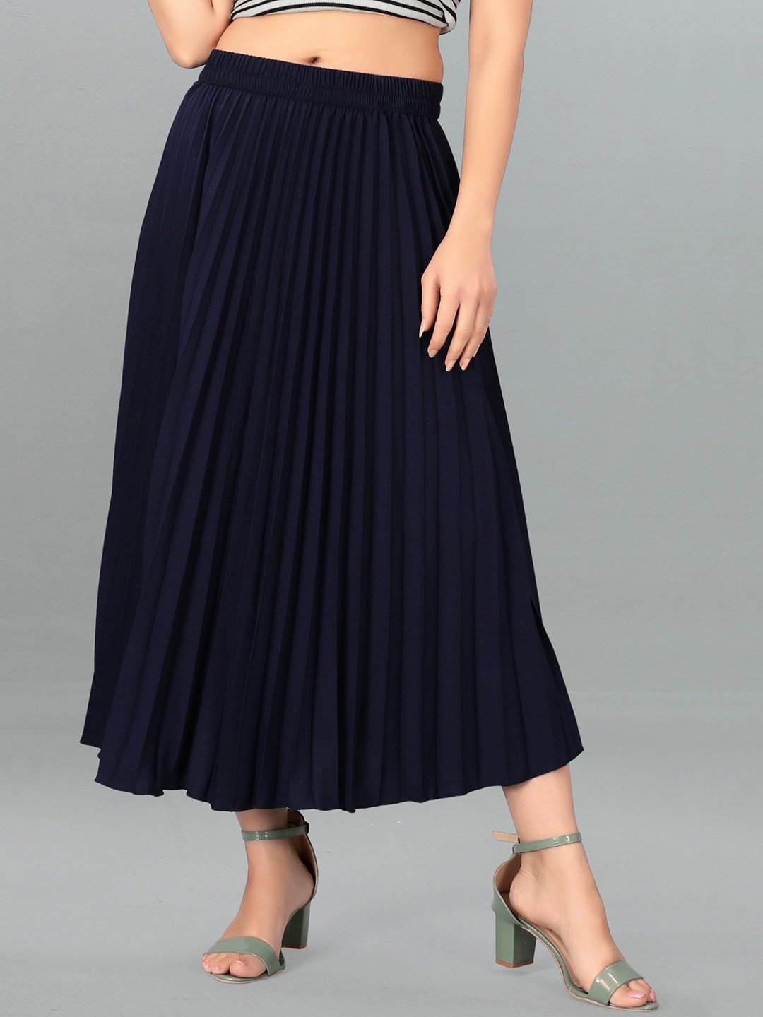 

Femvy Pleated Maxi Curved Accordion Pleats flared Skirt, Blue