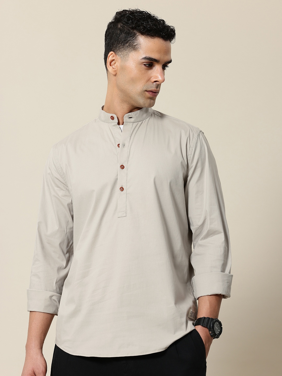 Mr Bowerbird Men Mandarin Collar Casual Shirt, Grey