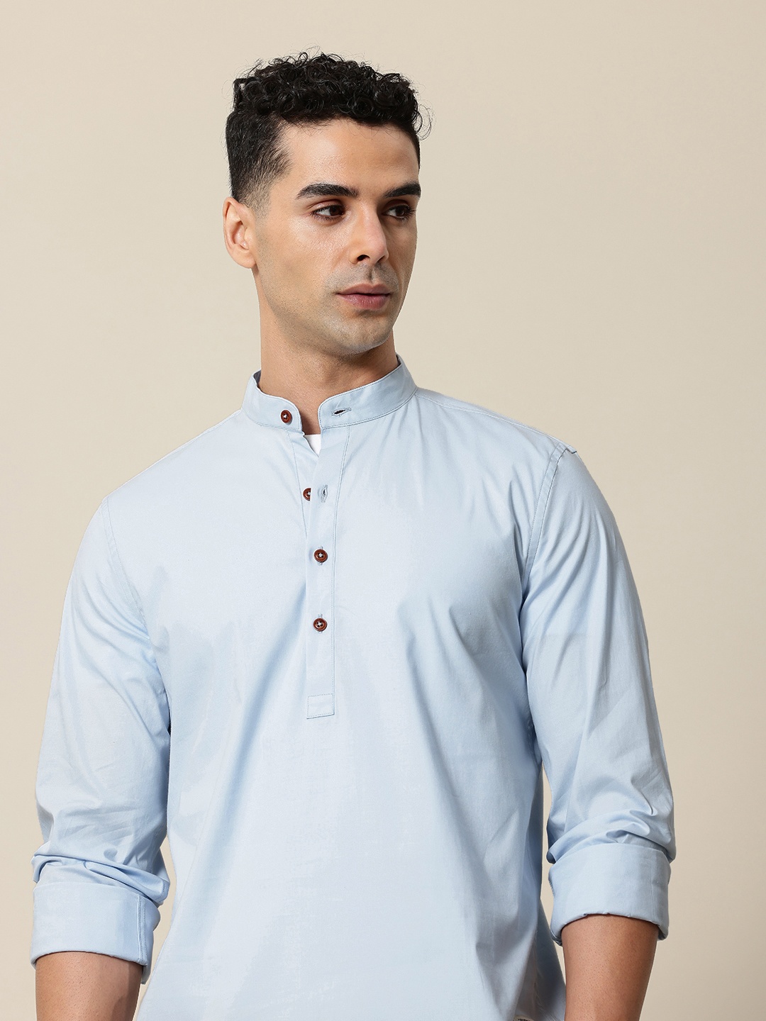 

Mr Bowerbird Men Mandarin Collar Casual Shirt, Blue