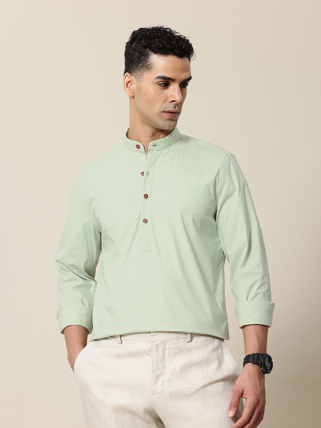 

Mr Bowerbird Men Mandarin Collar Casual Shirt, Green