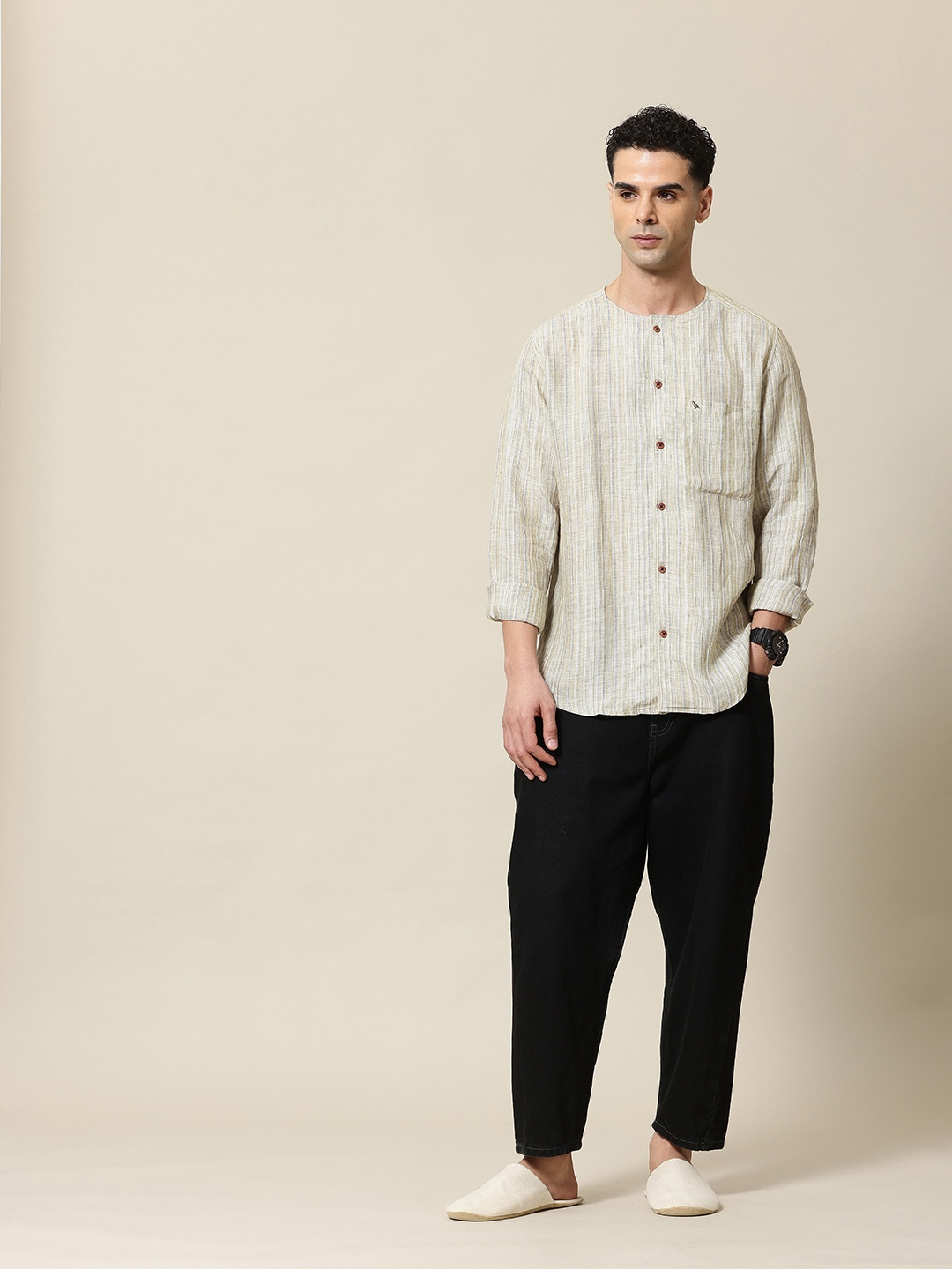 

Mr Bowerbird Men Tailored Fit Striped Linen Casual Shirt, Olive