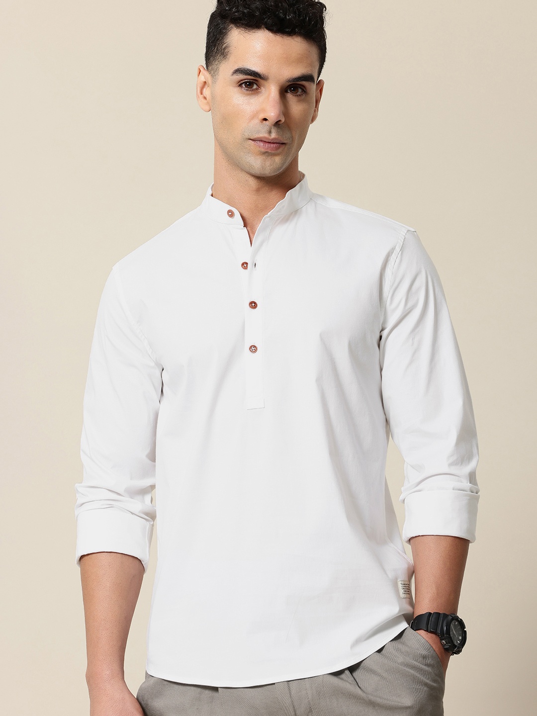 

Mr Bowerbird Men Mandarin Collar Casual Shirt, White