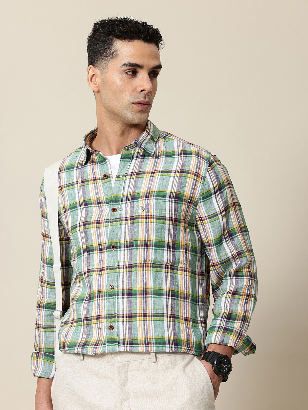 

Mr Bowerbird Men Tailored Fit Semi Sheer Checked Mandarin Collar Linen Casual Shirt, Multi