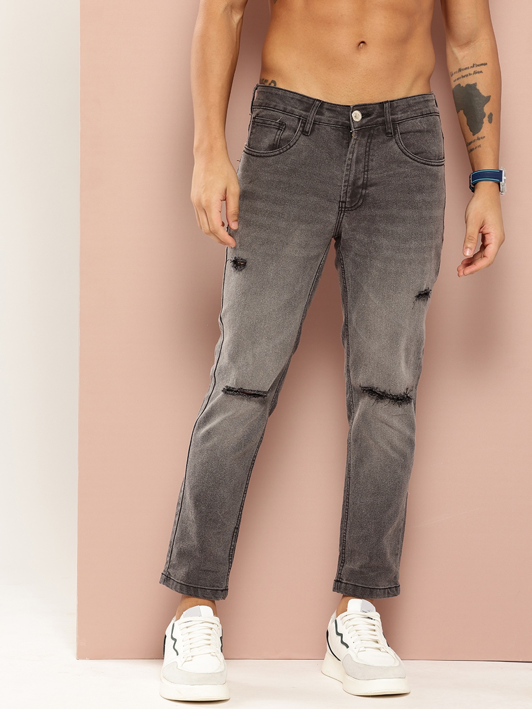 

Harvard Men Tapered Fit Slash Knee Light Fade Stretchable Jeans, Charcoal