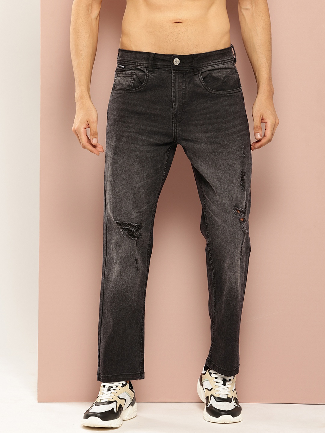 

Harvard Men Relaxed Fit Washed Ripped Jeans, Charcoal