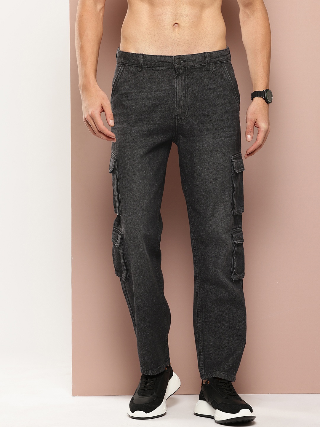 

Harvard Men Straight Fit Pure Cotton Cargo-Style Jeans, Black