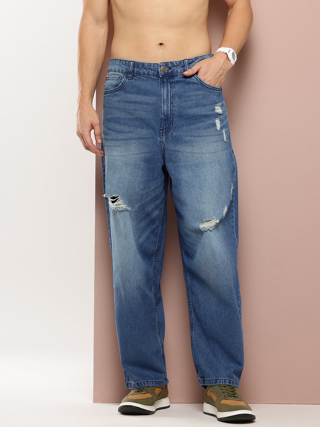 

Harvard Men Pure Cotton Baggy Distressed Jeans, Blue
