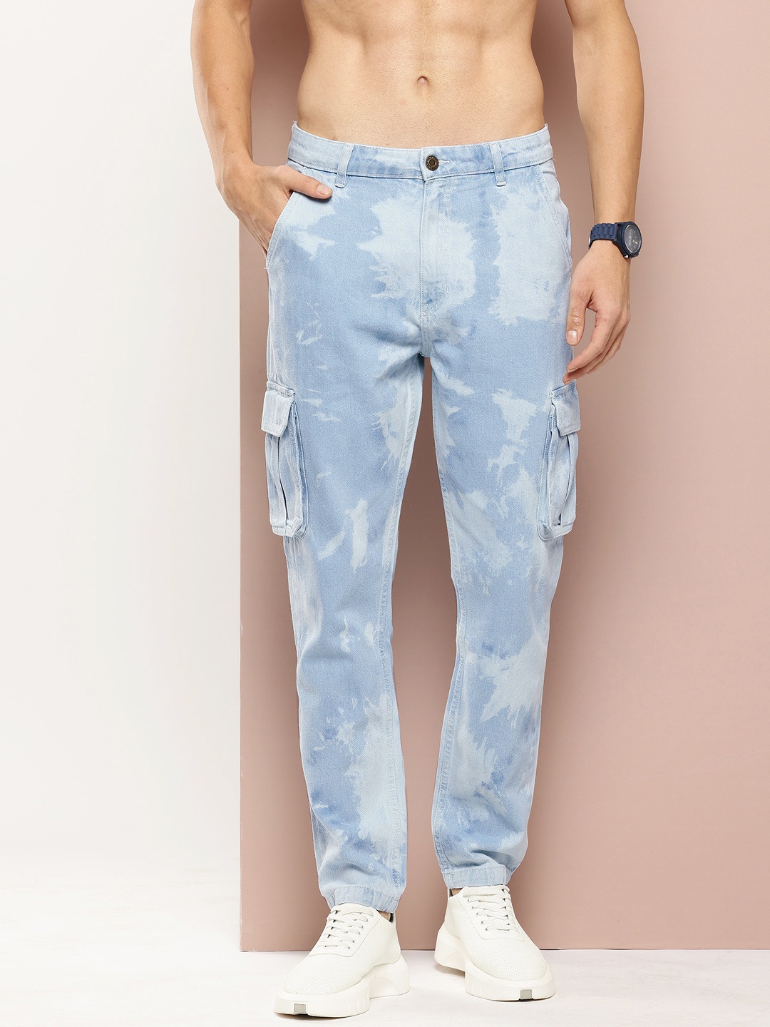 

Harvard Men Tapered Fit Acid Wash Stretchable Cargo Jeans, Blue