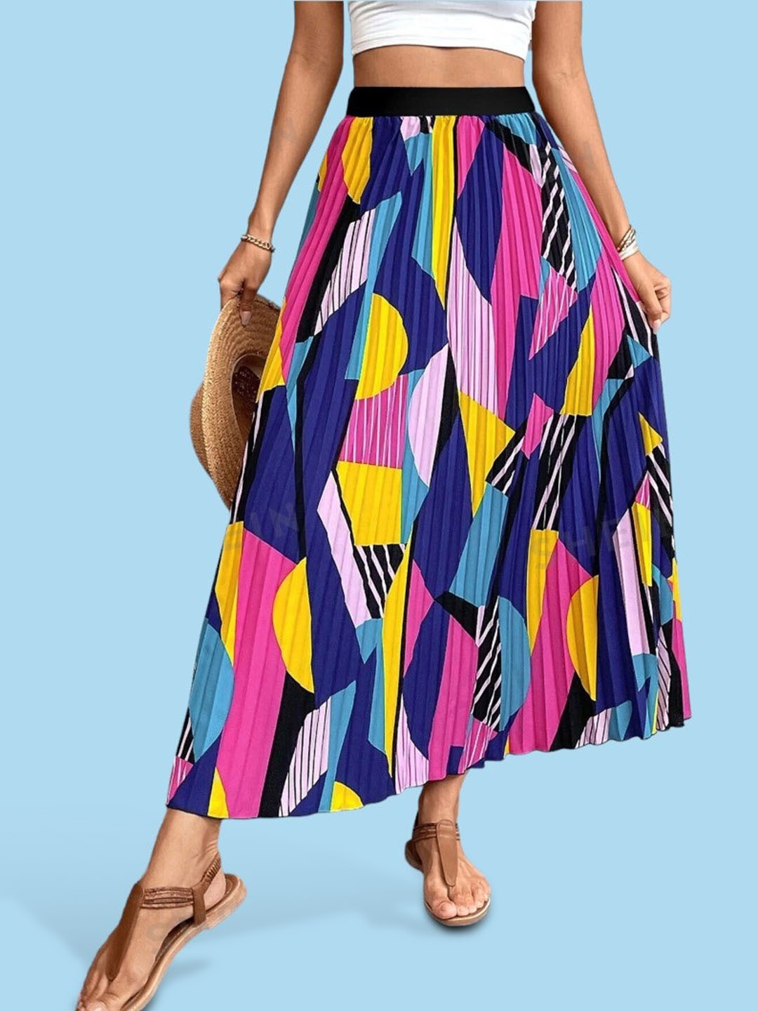 

Femvy Abstract Printed Flared Maxi Skirt, Navy blue