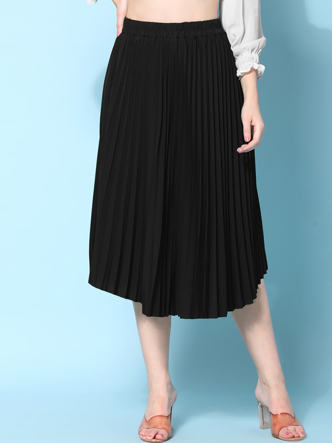

Femvy Pleated Midi flared Skirt, Black