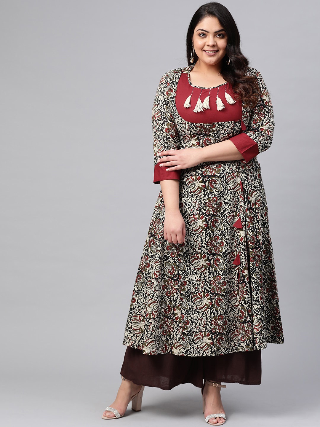 

KALINI Plus Size Floral Kalamkari Printed Round Neck Cotton Anarkali Kurta, Maroon