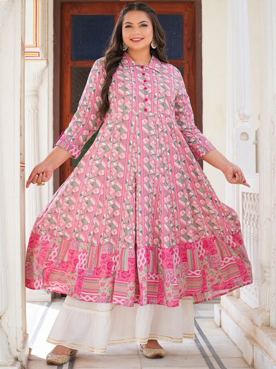 

KALINI Plus Size Geometric Printed Shirt Collar Anarkali Kurta, Pink