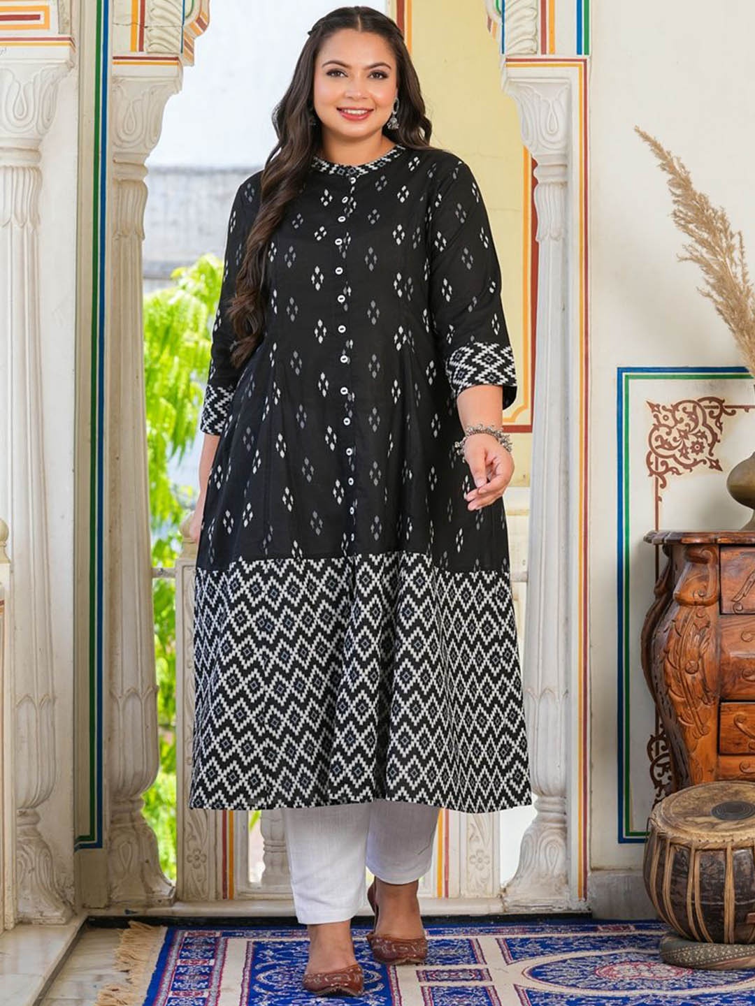 

KALINI Plus Size Geometric Printed Mandarin Collar Cotton A-line Kurta, Black