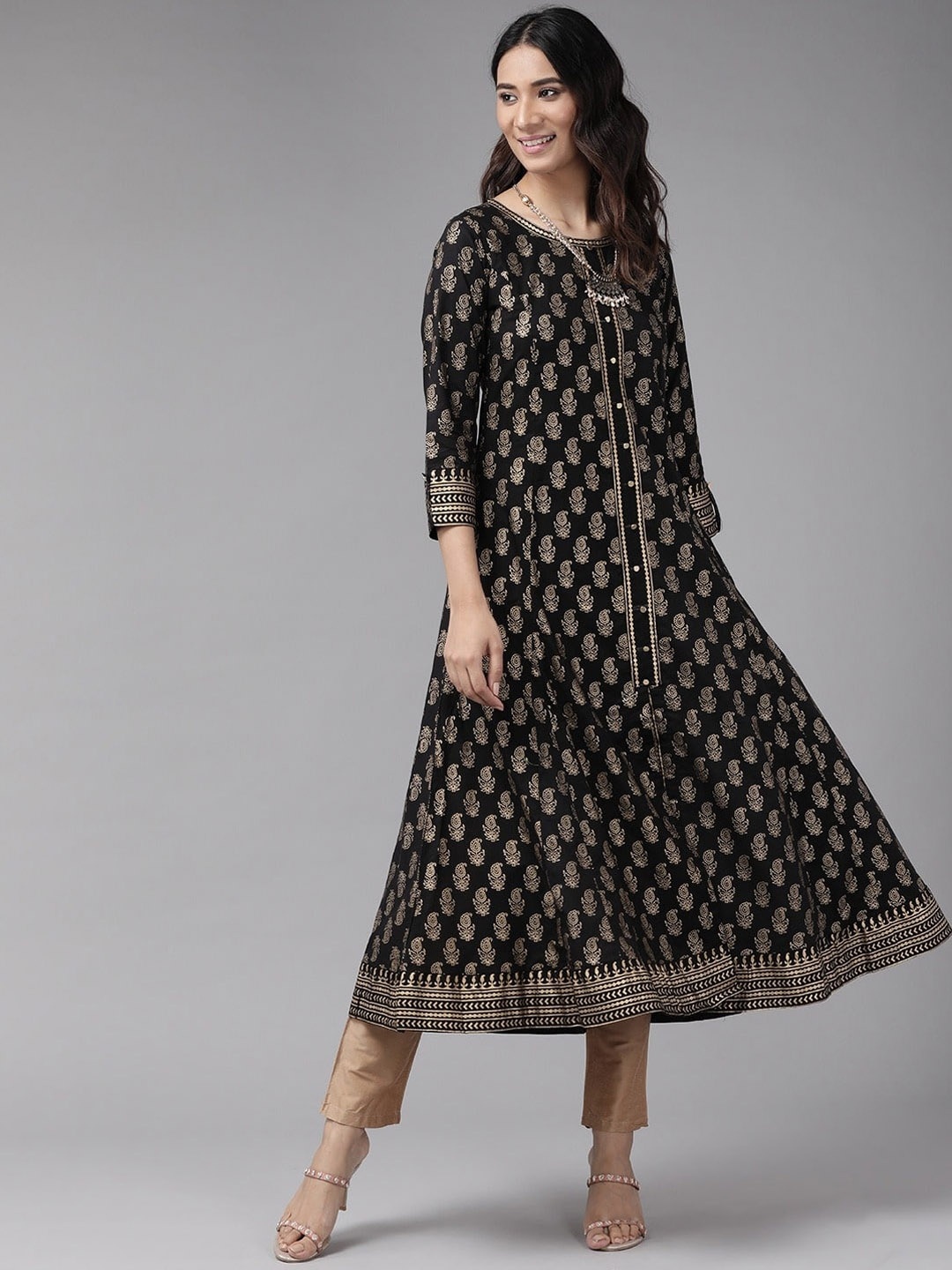 

KALINI Paisley Printed Round Neck Cotton Anarkali Kurta, Black