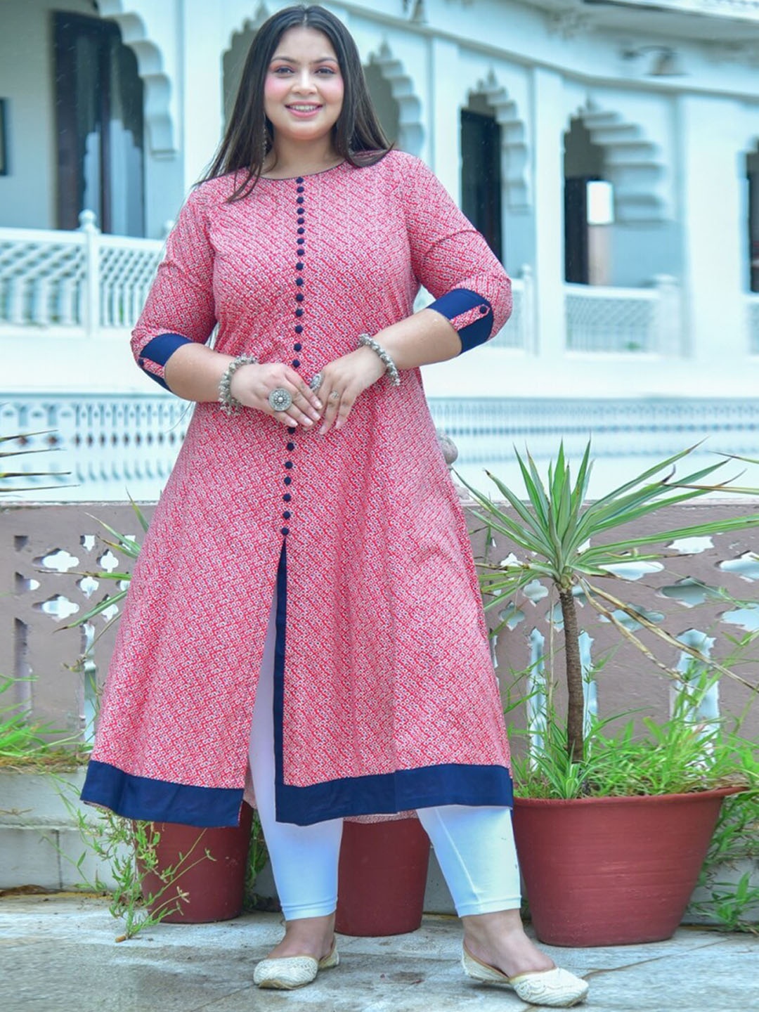 

KALINI Plus Size Geometric Printed Round Neck Anarkali Kurta, Pink