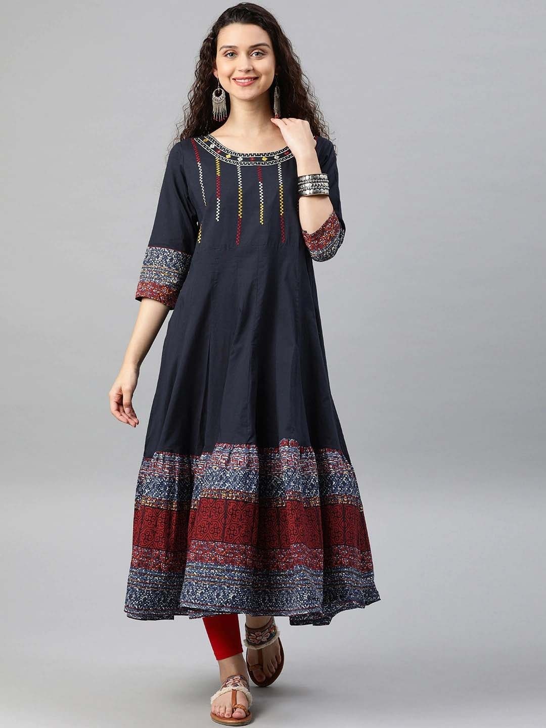 

KALINI Geometric Yoke Design Thread Work Cotton Anarkali Kurta, Blue