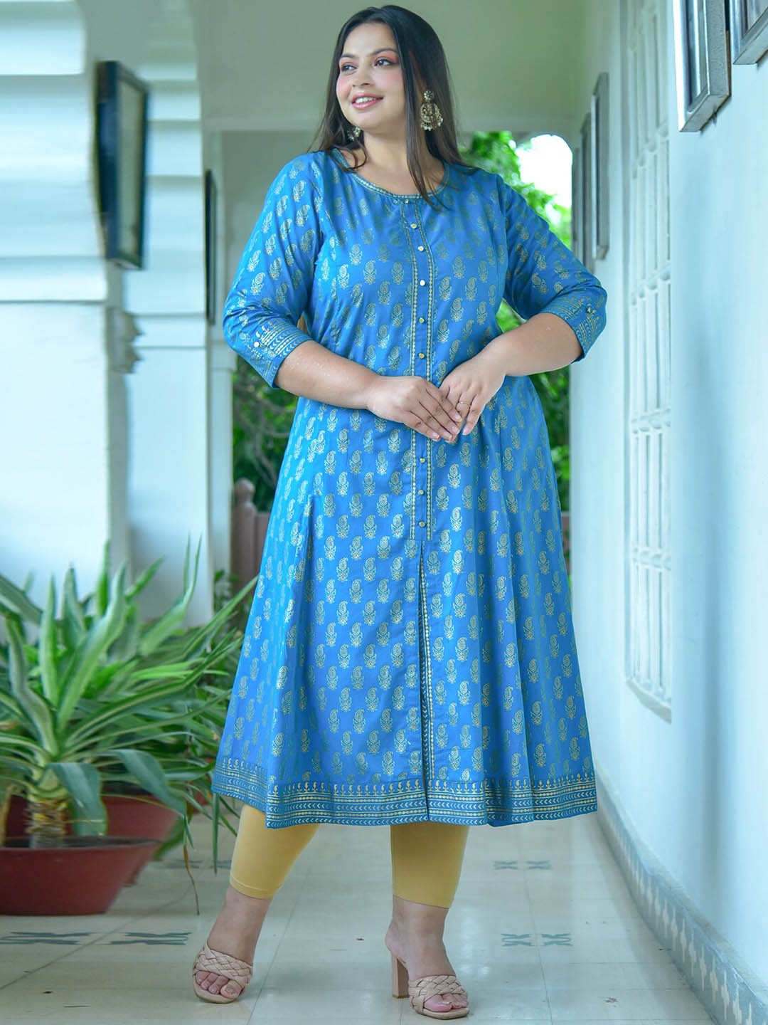 

KALINI Plus Size Ethnic Motifs Printed Round Neck Cotton Anarkali Kurta, Teal