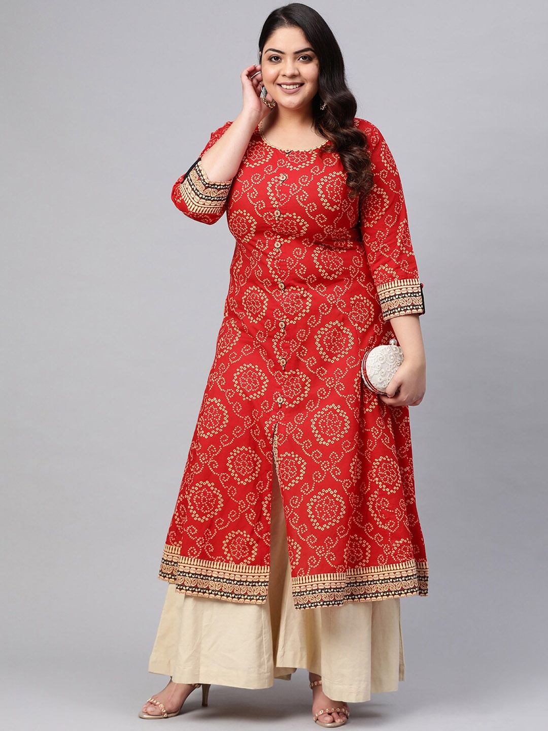 

KALINI Plus Size Bandhani Printed Round Neck Cotton A-line Kurta, Red